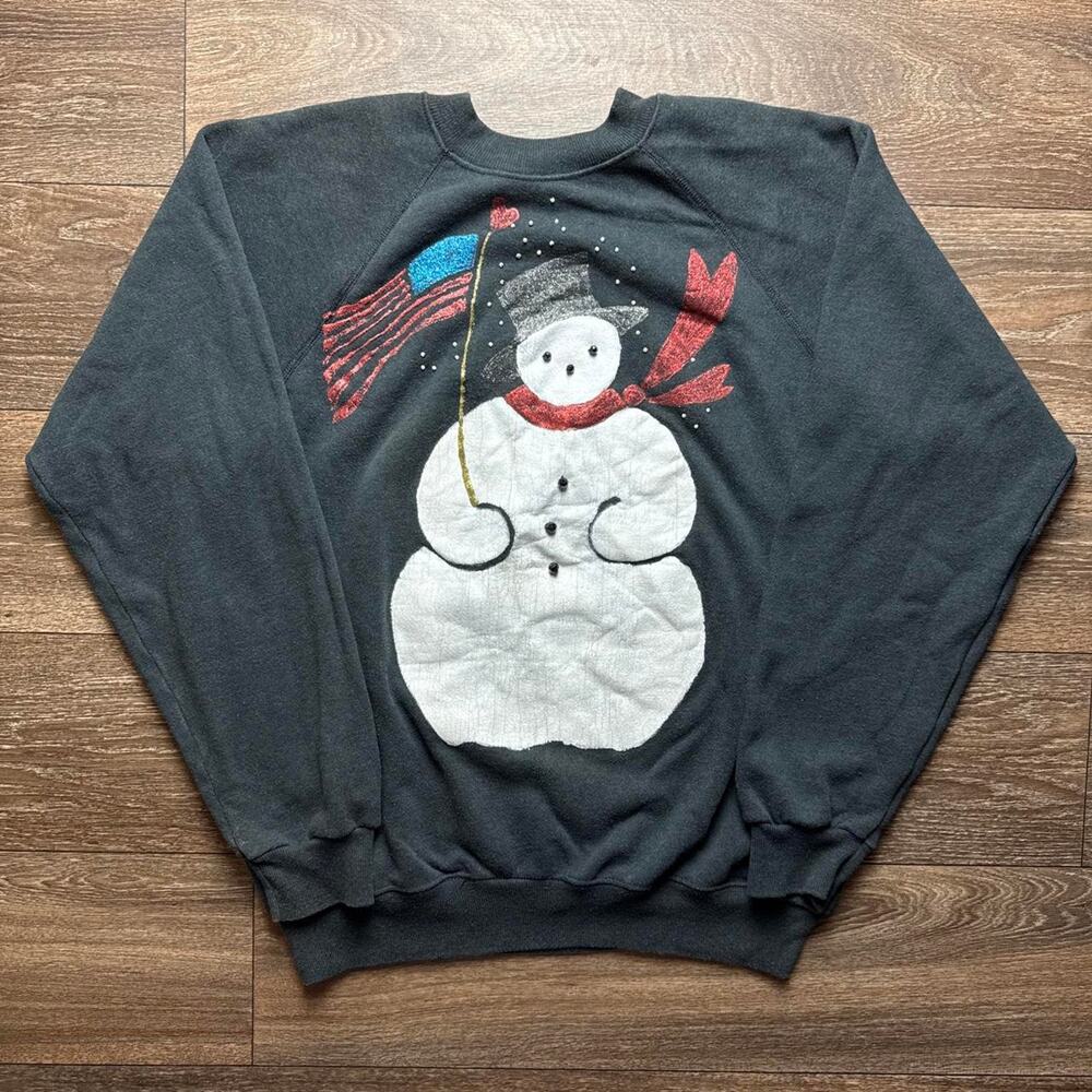 1990s Black Snowman Christmas Sweatshirt with American Flag & Red Scarf